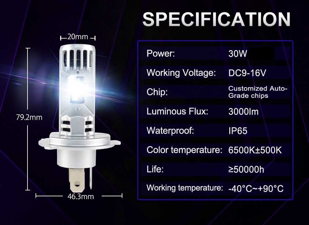 LED 30W Мини Диодни крушки H4, 12V, Canbus - 30% повече светлина. - снимка 6