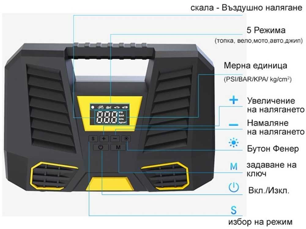 Дигитален компресор за гуми с фенер - 12V/ 100W/ 150 PSL - снимка 2
