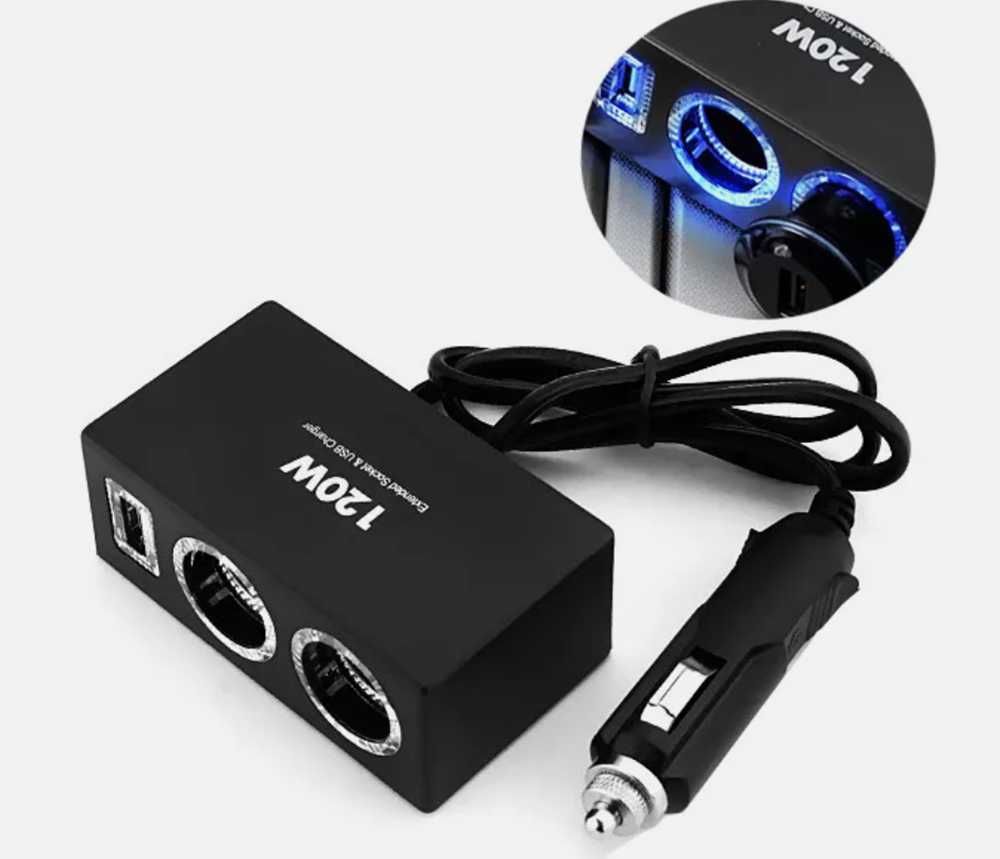 Двоен разклонител на запалката + 1 USB изход - 120W, 12V/24V. - снимка 1