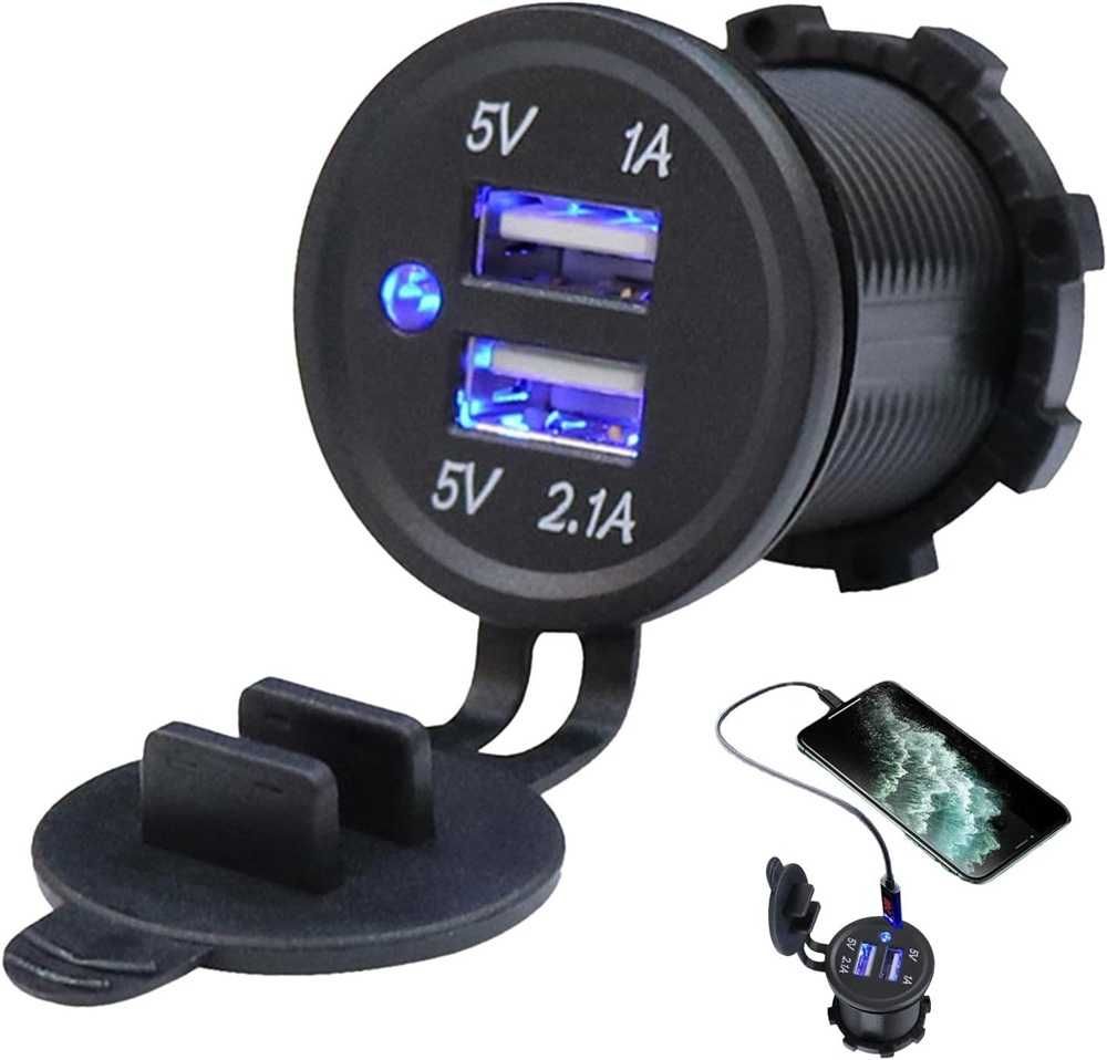 USB зарядно с 2 гнезда за вграждане в таблото 12/24V - 1A/2.1A - снимка 1