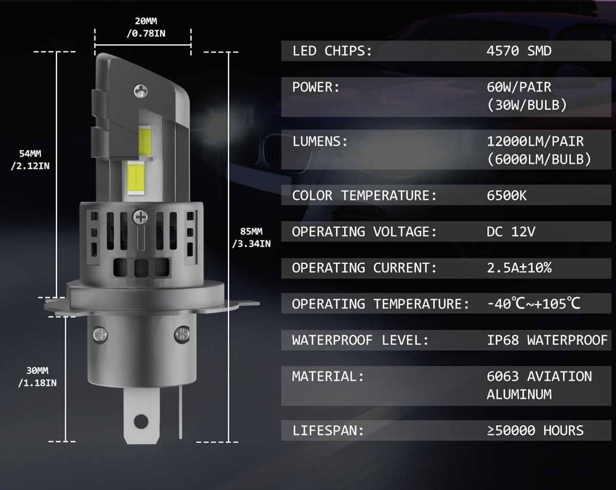 60W LED Мини Диодни крушки H4 12V - 6500K - снимка 4